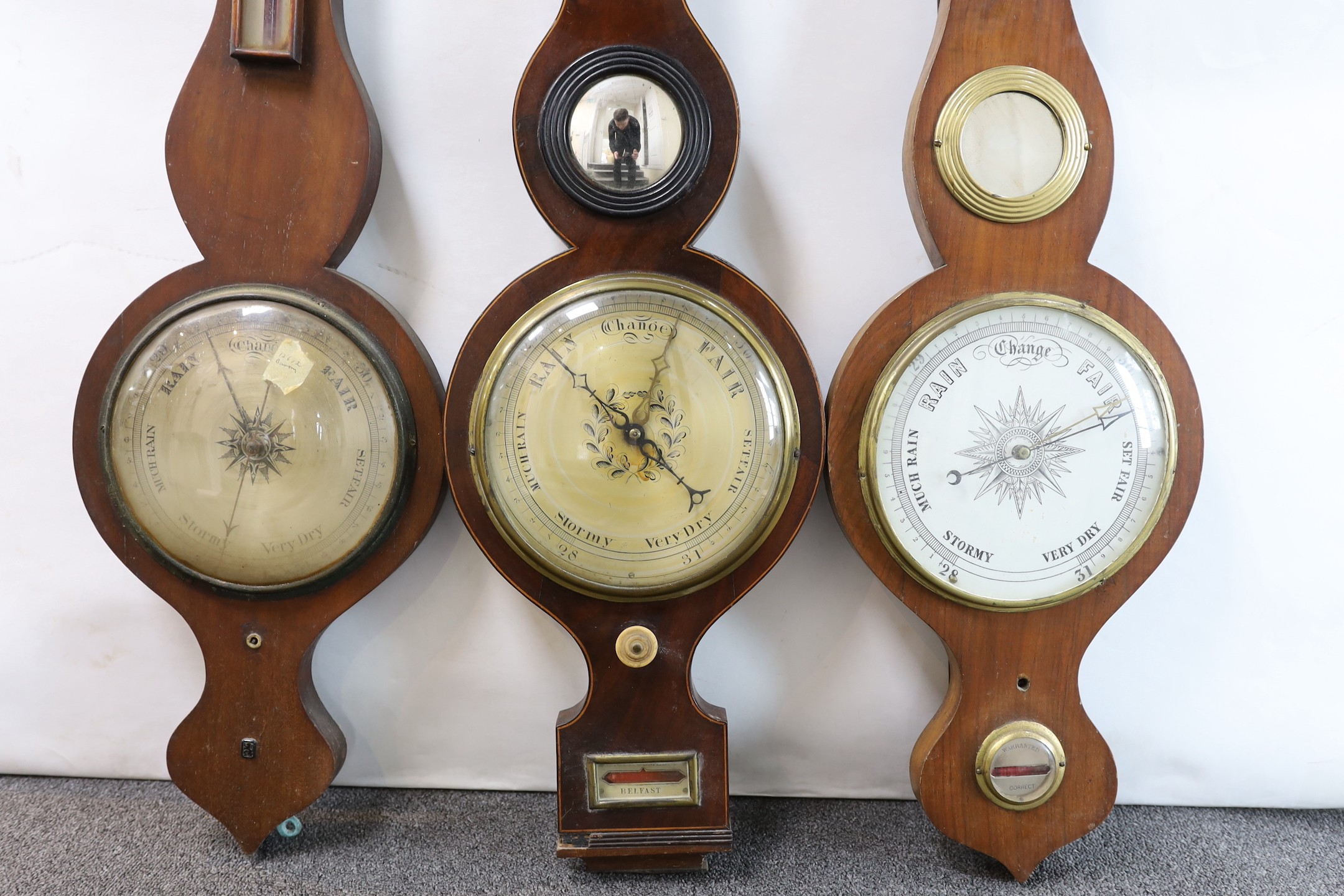 Three 19th century wheel barometers, in need of restoration